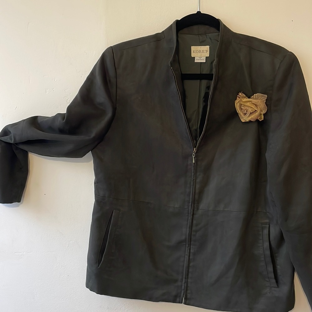 Microsuede zip up blazer with gold flower pin